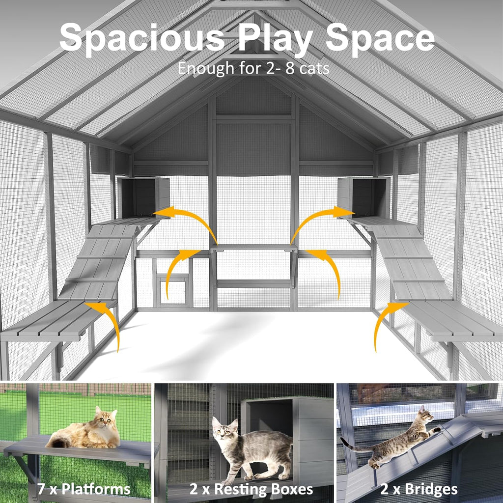 Large Catio Outdoor Cat Enclosure with 7 Platforms, 2 Resting Box and 2 Bridges, 71 x 71 x 97 inch E54075