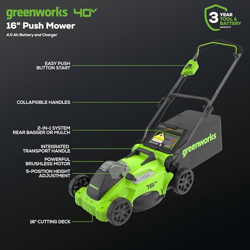 40V 16" Brushless Cordless Push Lawn Mower with 4.0Ah Battery and Charger P7949