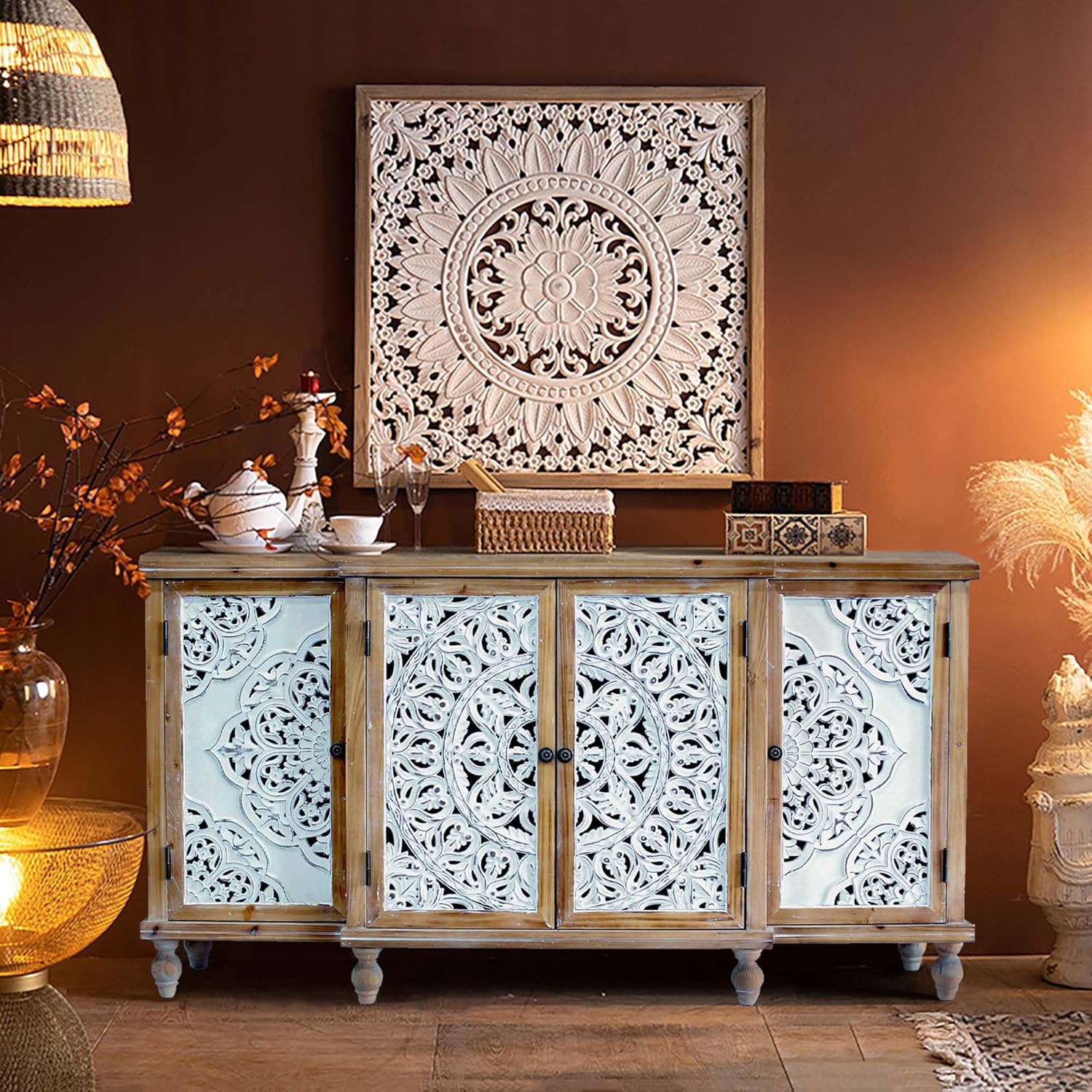 Natural Wood 4-Door Distressed Accent Cabinet with Adjustable Shelves S743432