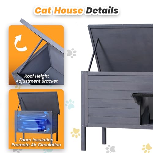 Wooden-Grey Weatherproof Insulated Outdoor Cat House with PVC Door Flaps N3474
