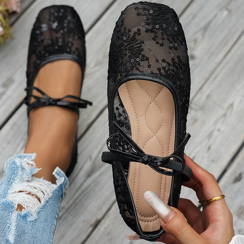Women's Lace Floral Mesh Everyday Flats – Comfortable Elastic Ankle Strap