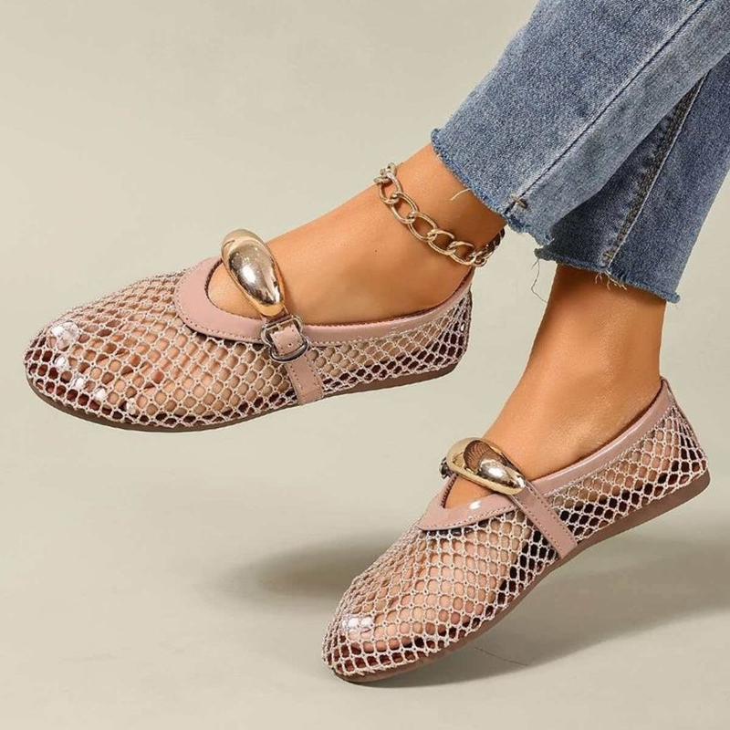 Women's Breathable Mesh Flats – Cut-out Flats with Gold Buckle
