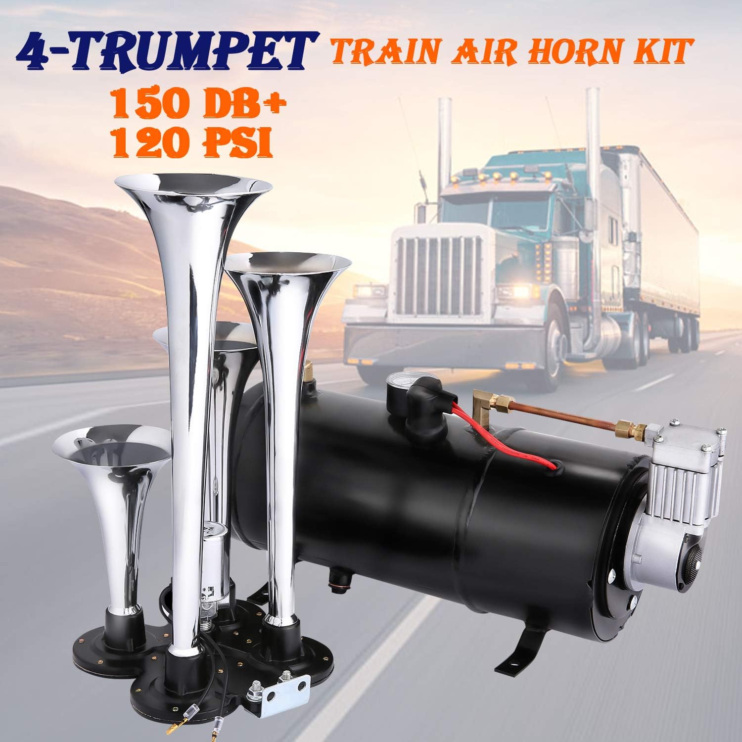4 Air Horn Trumpet with 120 PSI 12V Compressor and Gauge Y8604