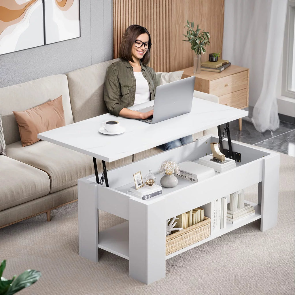 White Marble Lift Top Coffee Table with Storage Compartment and Open Shelves M802884
