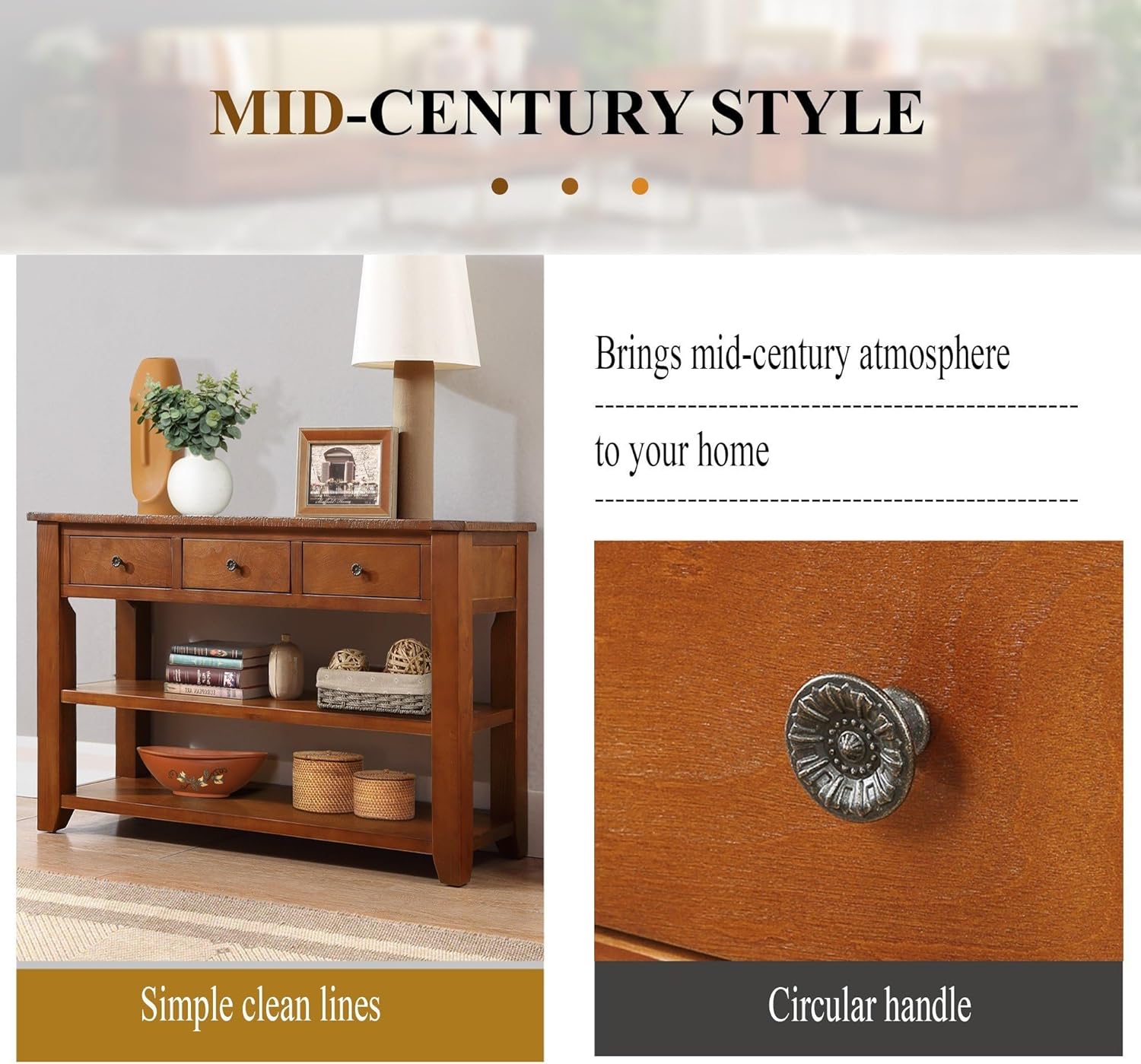 Long Console Table with 3 Storage Drawers and Double Bottom Open Shelves, 50" W x 16" D x 30" H, Brown S5136