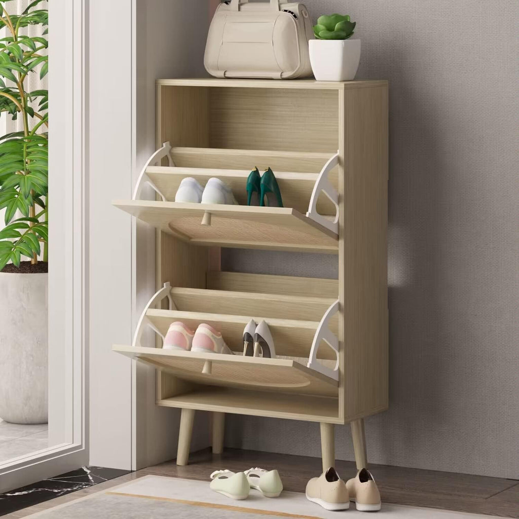 2 Drawers Slim Shoe Cabinet Rattan Shoe Storage Cupboard Organizer Unit with Doors O562889