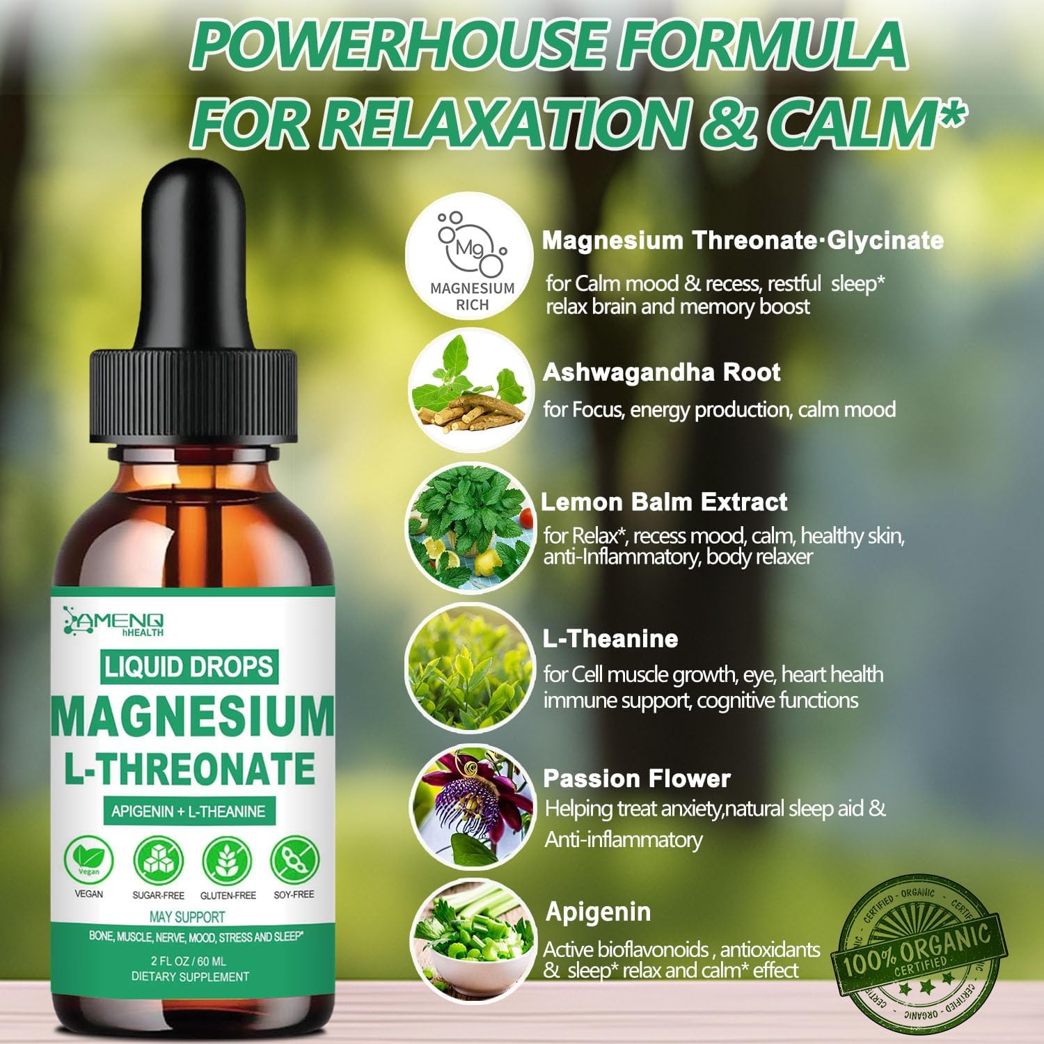 Magnesium L-Threonate Liquid with Apigenin Theanine Passion Flower Lemon Balm H199