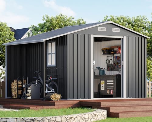 Dark Grey/White Metal Storage Shed with Sliding Doors F3841