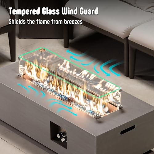 Propane Fire Pit Table Set with Tank Holder, 50,000 BTU Outdoor Firepit Table, Wind Guard & Glass Stones, Rectangular Fire Table X946485