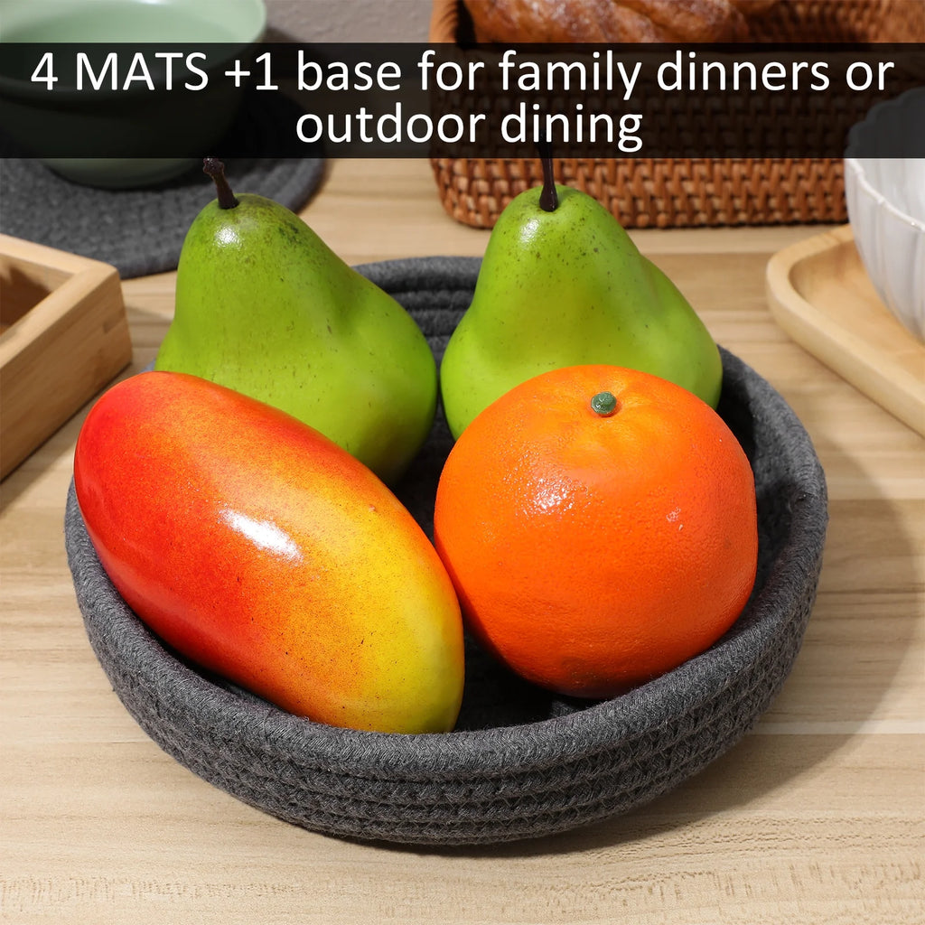 Dark Grey Cotton Rope Placemat Set Round Woven Coasters V3429
