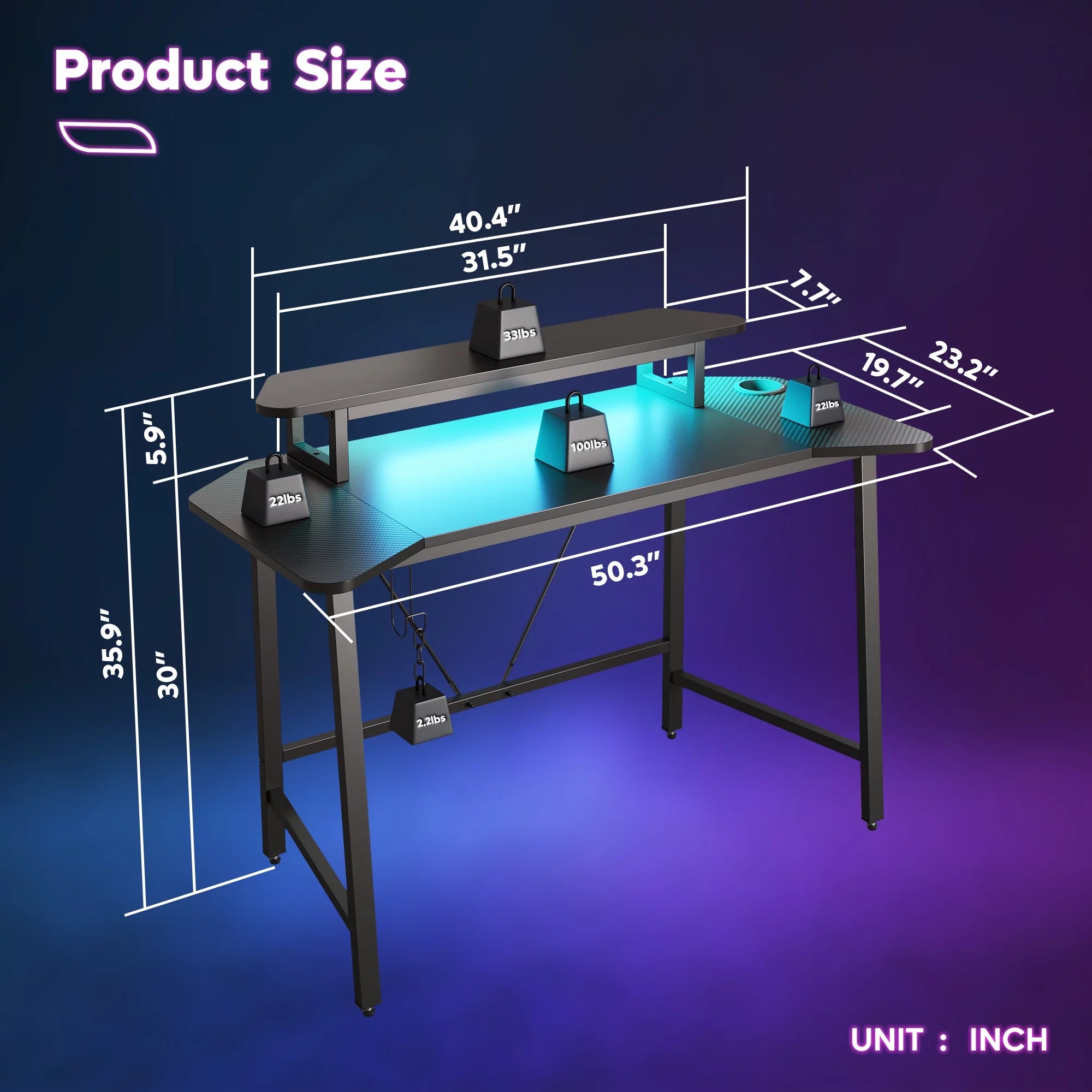 Black 50 Inch Gaming Desk with LED Lights Q9664