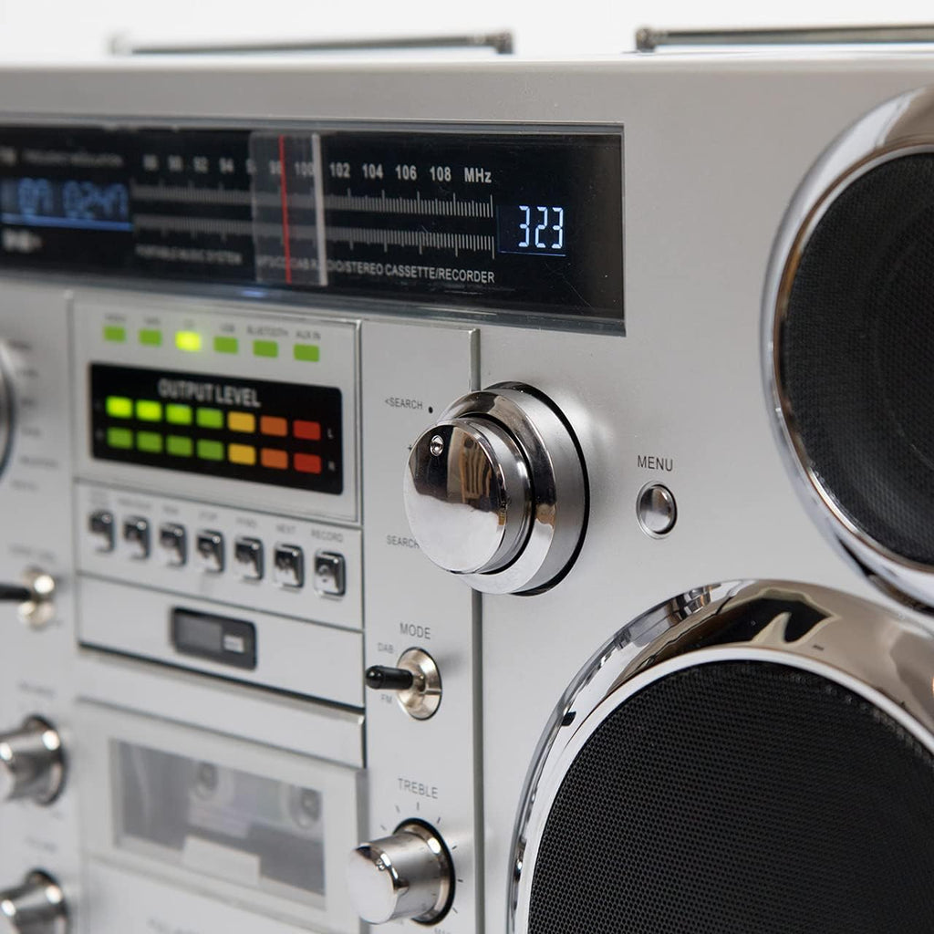 Silver Portable Boombox with CD Player Cassette Player FM Radio USB Bluetooth Speaker E718