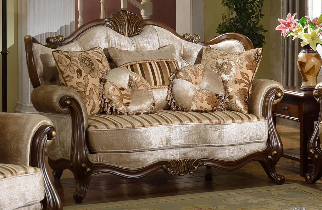 French Beige Chenille Carved Wood Loveseat U71600