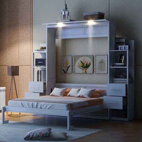 Gray Queen Size Wood Murphy Bed with LED Lights A229