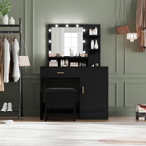 White Vanity Desk with Mirror and Lights and Drawer G773493