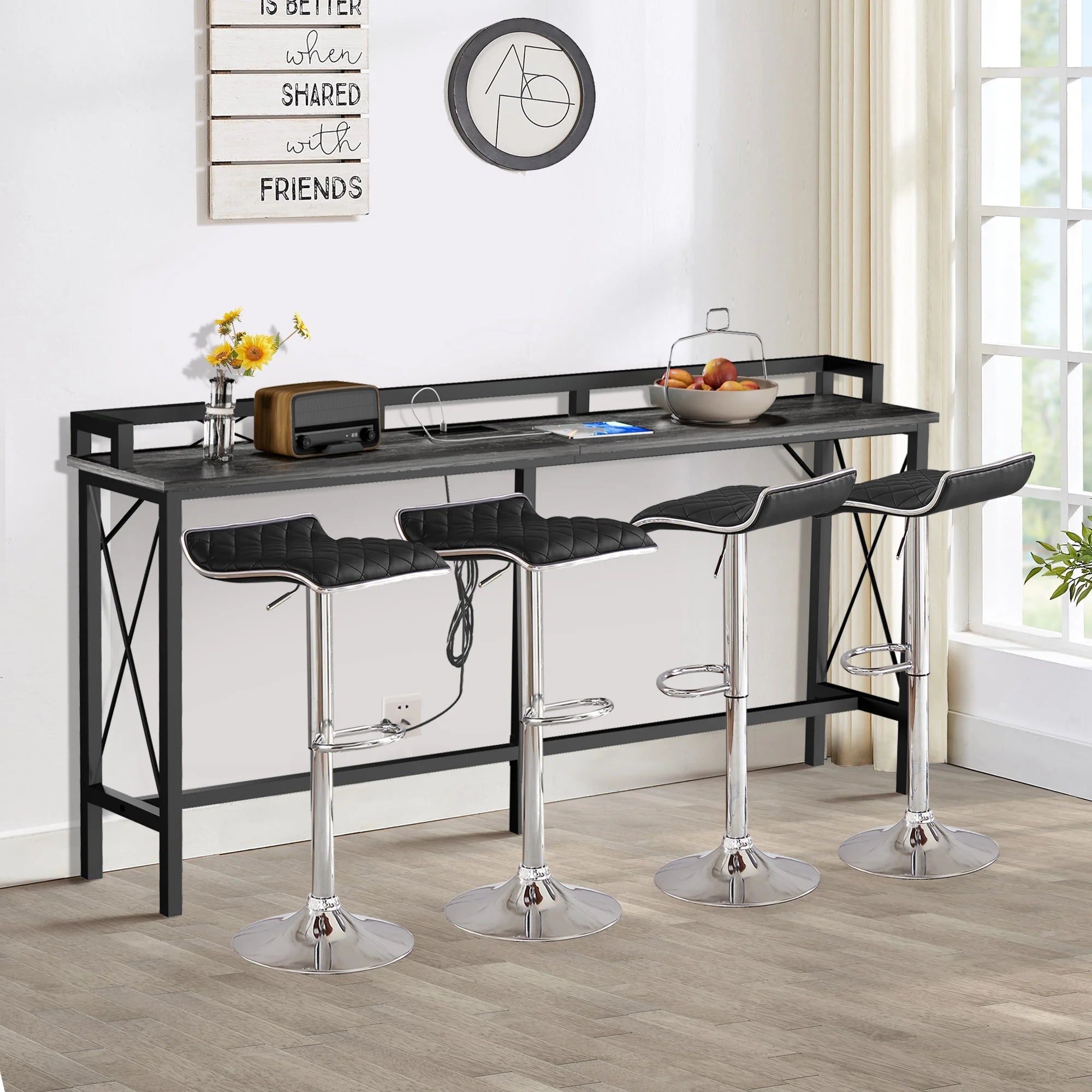 Black 5-Piece Console Table and Stool Set with 4 Adjustable Swivel Chairs Q88340