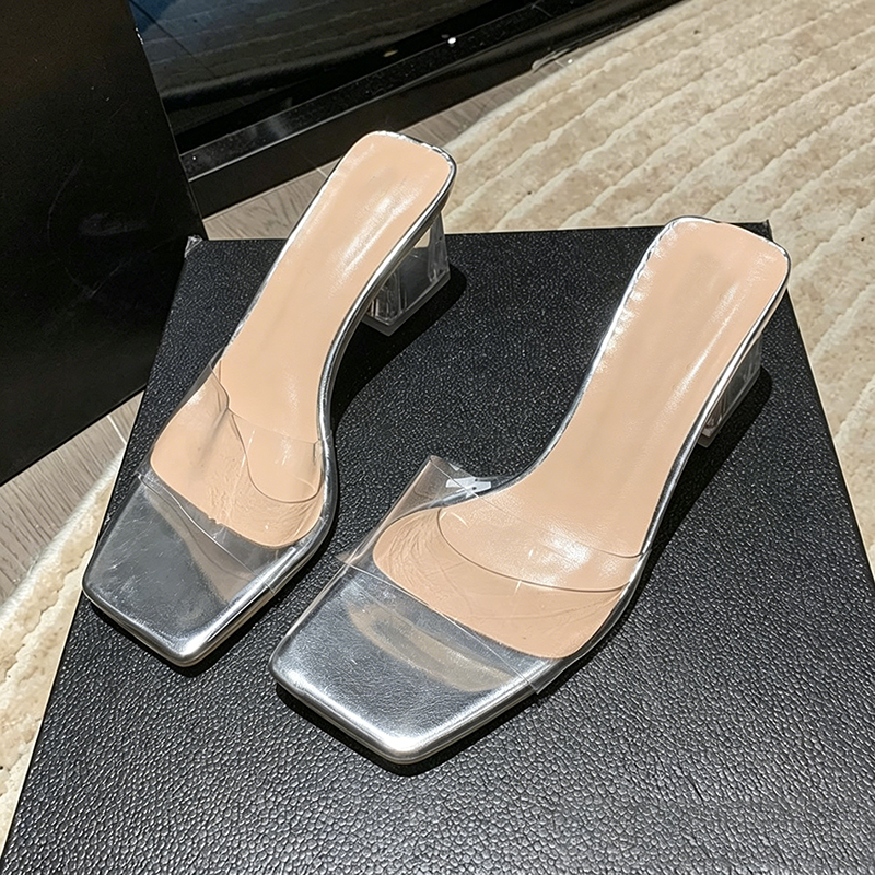 Women's Square Toe Clear Heel Mules Transparent Block Heel Sandals
