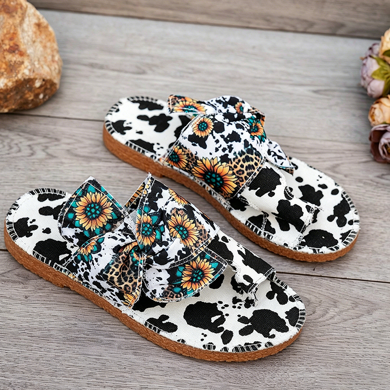 Women's Printed Bow-Detail Open-Toe Flat Slides