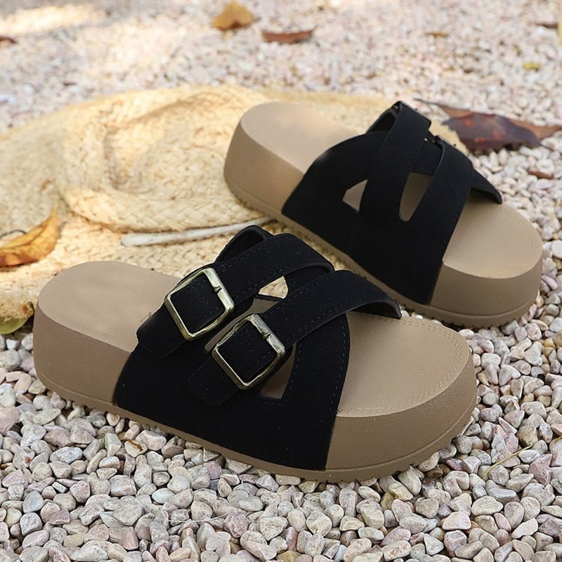 Casual everyday platform slides with double-buckle crisscross straps
