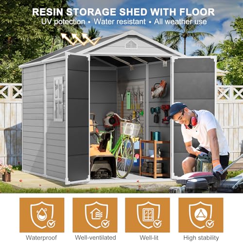 Gray 8x6x7 FT Outdoor Resin Storage Shed with Floor W24312
