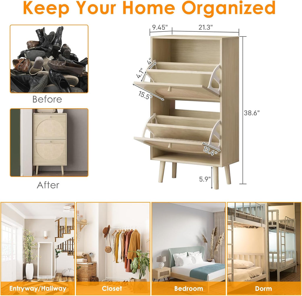 2 Drawers Slim Shoe Cabinet Rattan Shoe Storage Cupboard Organizer Unit with Doors O562889