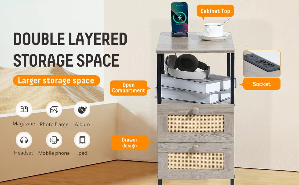 Narrow Side Table with 2 Wooden Drawers USB Ports and Power Outlets T598957