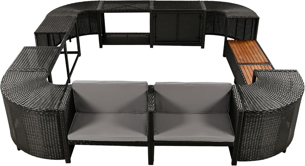 Gray Outdoor Rattan Sectional Sofa with Wooden Seats and Storage B3009