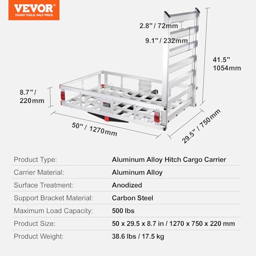 50 x 29.5 x 8.7 inch 500lbs Capacity Aluminum Hitch Cargo Carrier with Folding Ramp W2269