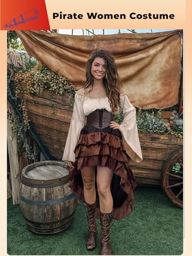 Beige+Brown Women Pirate Costume with Shirt Skirt Corset Waist Belt F553138