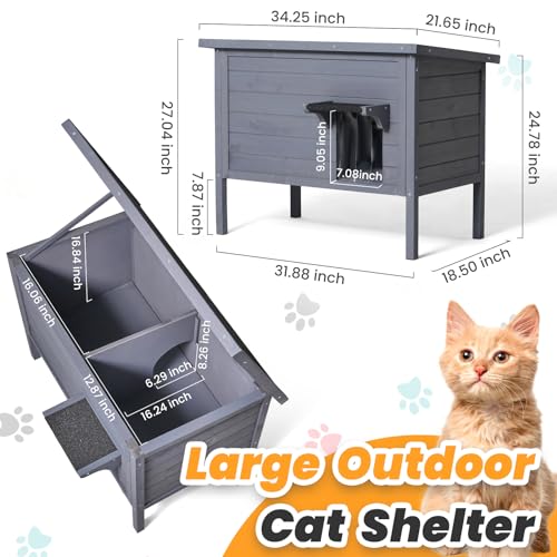 Wooden-Grey Weatherproof Insulated Outdoor Cat House with PVC Door Flaps N3474