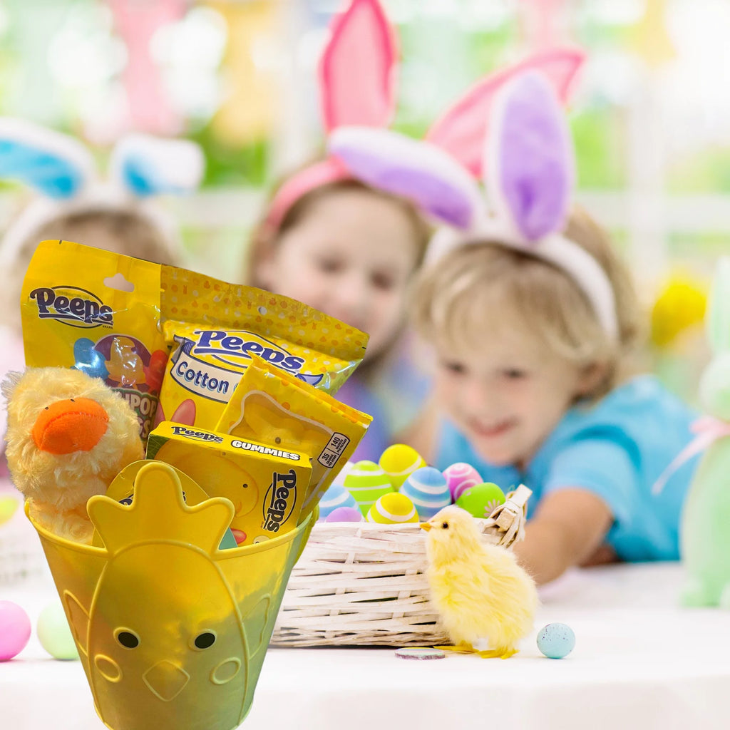 Yellow Duck Plush Toy Cotton Candy Lollipops Rings Gummies Chicks Marshmallow Lip Balm Reusable Bucket Gift Basket S524670