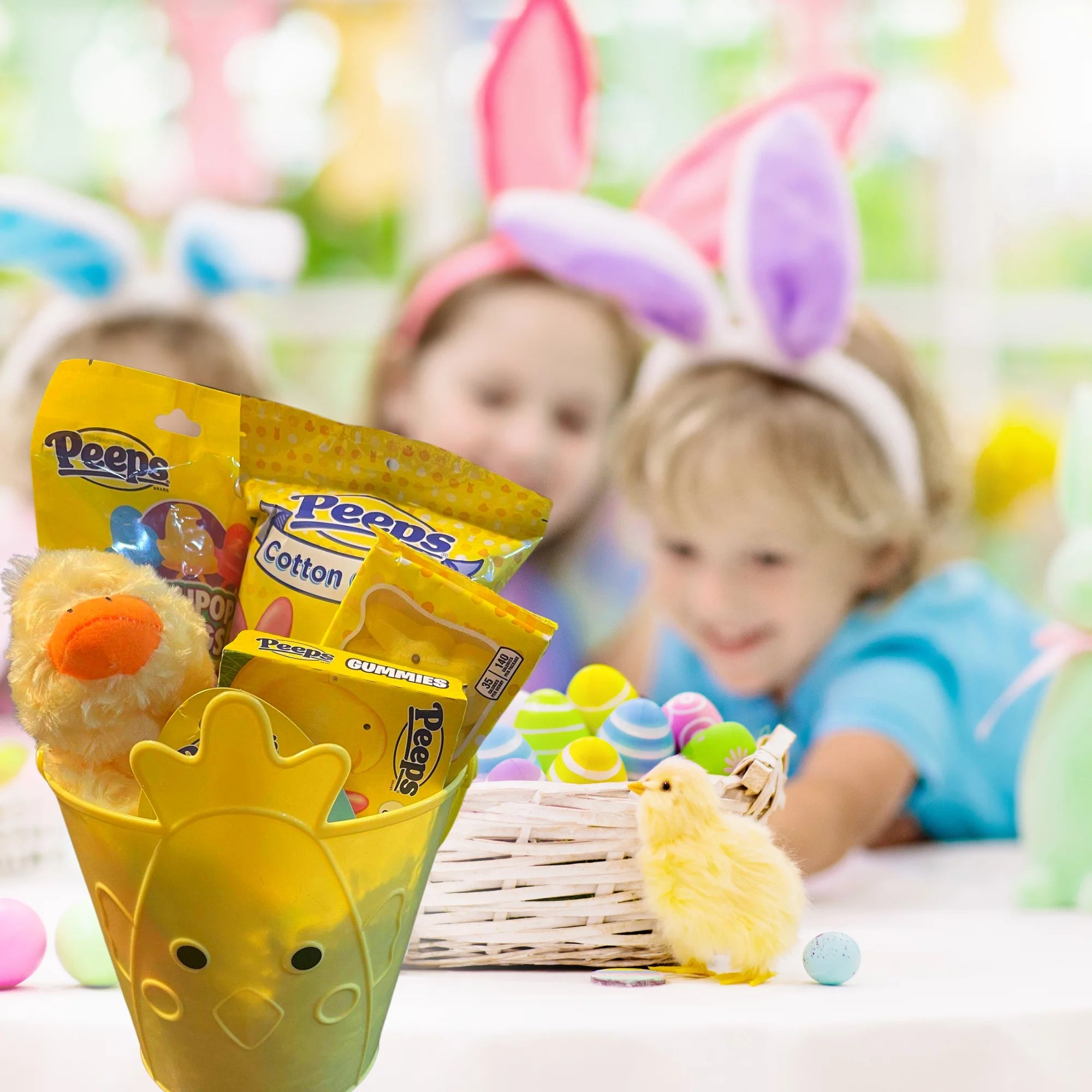 Yellow Duck Plush Toy Cotton Candy Lollipops Rings Gummies Chicks Marshmallow Lip Balm Reusable Bucket Gift Basket S524670