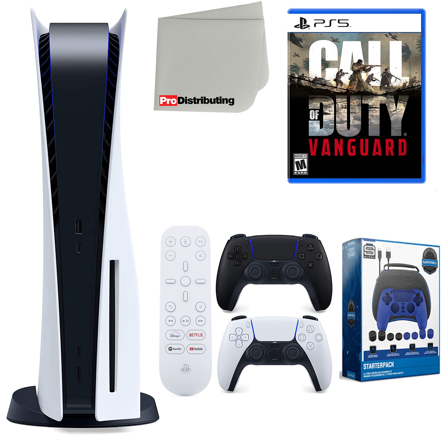 Playstation 5 Disc Version with Midnight Black Extra Controller, Media Remote, Call of Duty: Vanguard, Accessory Starter Kit and Microfiber Cleaning Cloth Bundle K15333