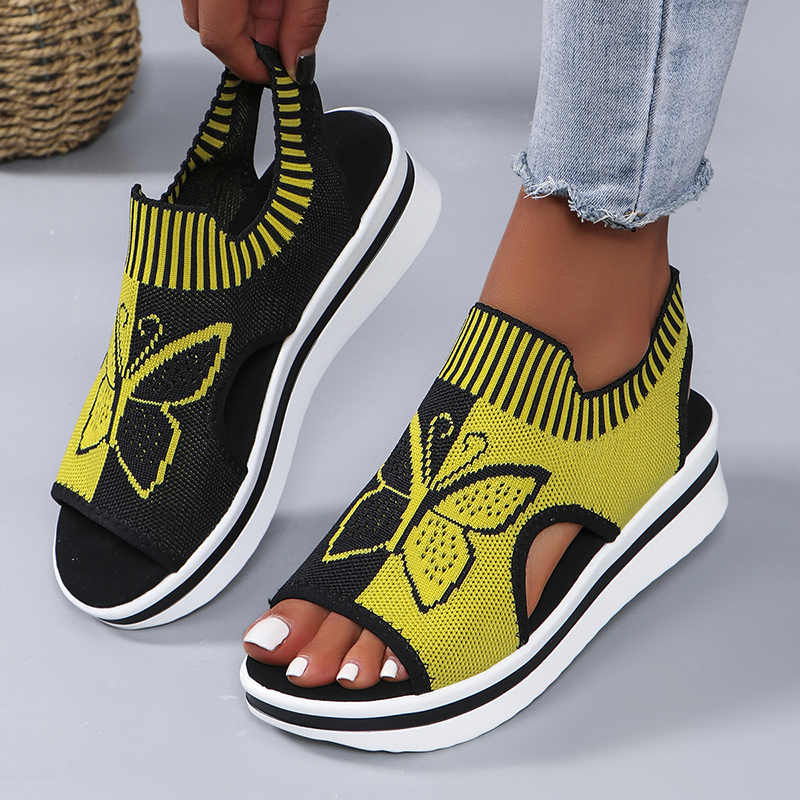 Women's Butterfly Print Knit Slip On Platform Wedge Sandals Open Toe Cutout  Casual  Shoes