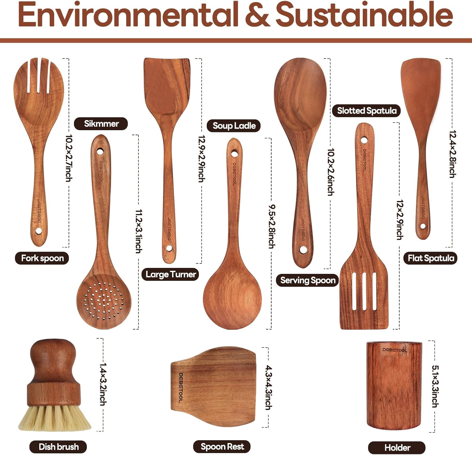 10 piece Natural Teak Wooden Utensil Set K2796