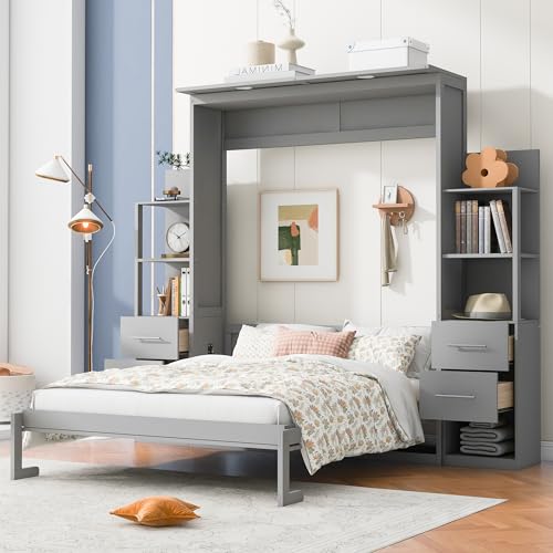 Gray Queen Size Wood Wall Bed with Shelves and Drawers T2974