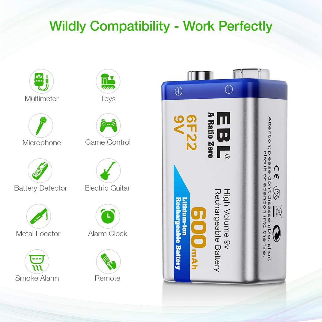 4-Pack 9V Li-ion Rechargeable Batteries with Charger T360971