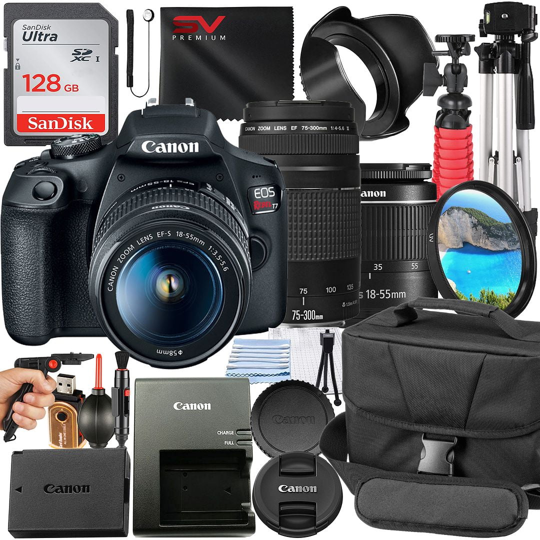 Canon EOS Rebel T7 DSLR Camera Bundle with 18-55mm + 75-300mm Zoom Lens + 128GB SanDisk Card + Case + Tripod B385214