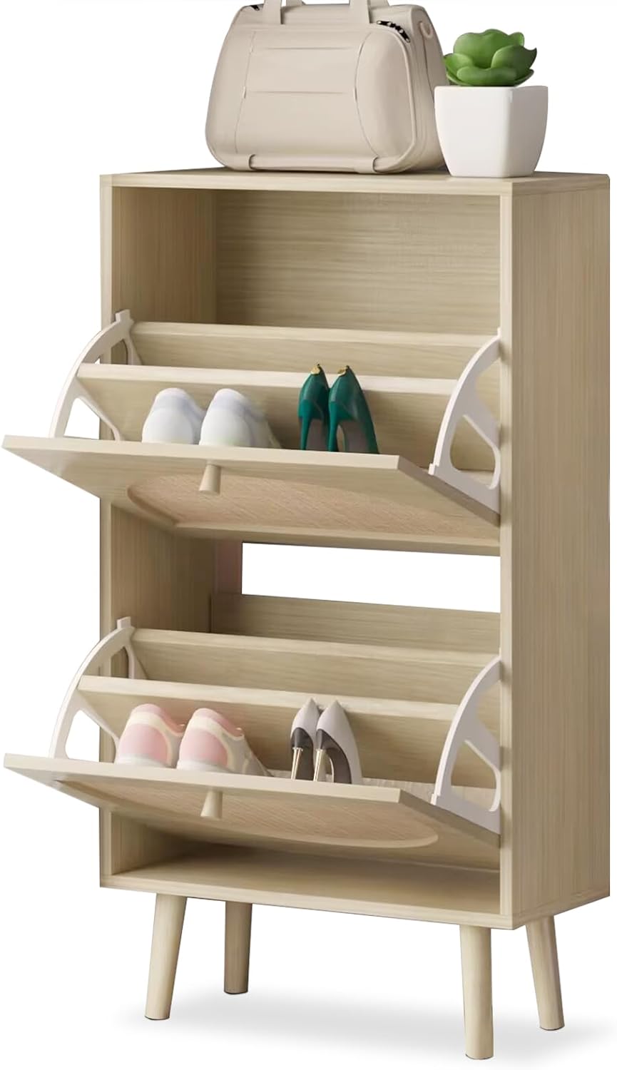 2 Drawers Slim Shoe Cabinet Rattan Shoe Storage Cupboard Organizer Unit with Doors O562889