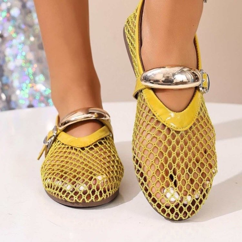 Women's Breathable Mesh Flats – Cut-out Flats with Gold Buckle