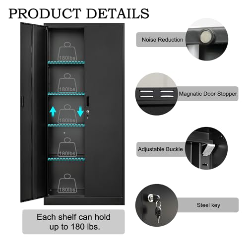 72" Steel Tall Garage Storage Cabinet with Lock, 4 Adjustable Shelves (Black) I279