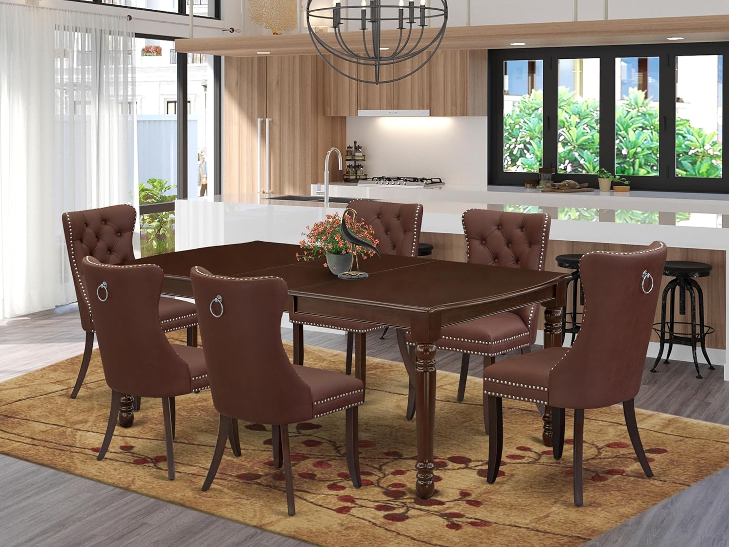 7 Piece Rectangle Wood Dining Table Set with 6 Upholstered Chairs, Mahogany A13908