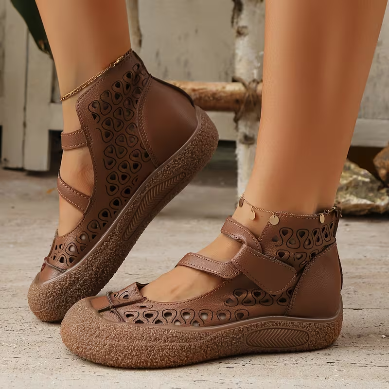 Women Retro Leather Cutout Mary Jane Shoes - Comfortable Breathable Wedge Sandals