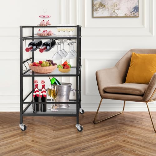 Gold 3 Tier Mirrored Rolling Bar Cart Y7477