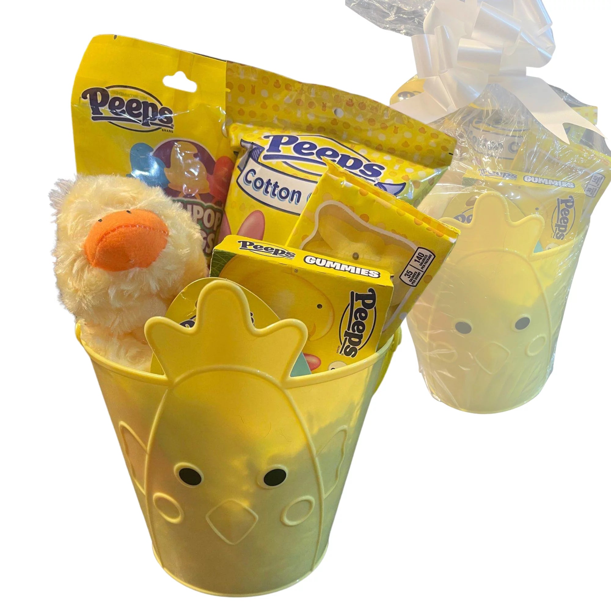 Yellow Duck Plush Toy Cotton Candy Lollipops Rings Gummies Chicks Marshmallow Lip Balm Reusable Bucket Gift Basket S524670