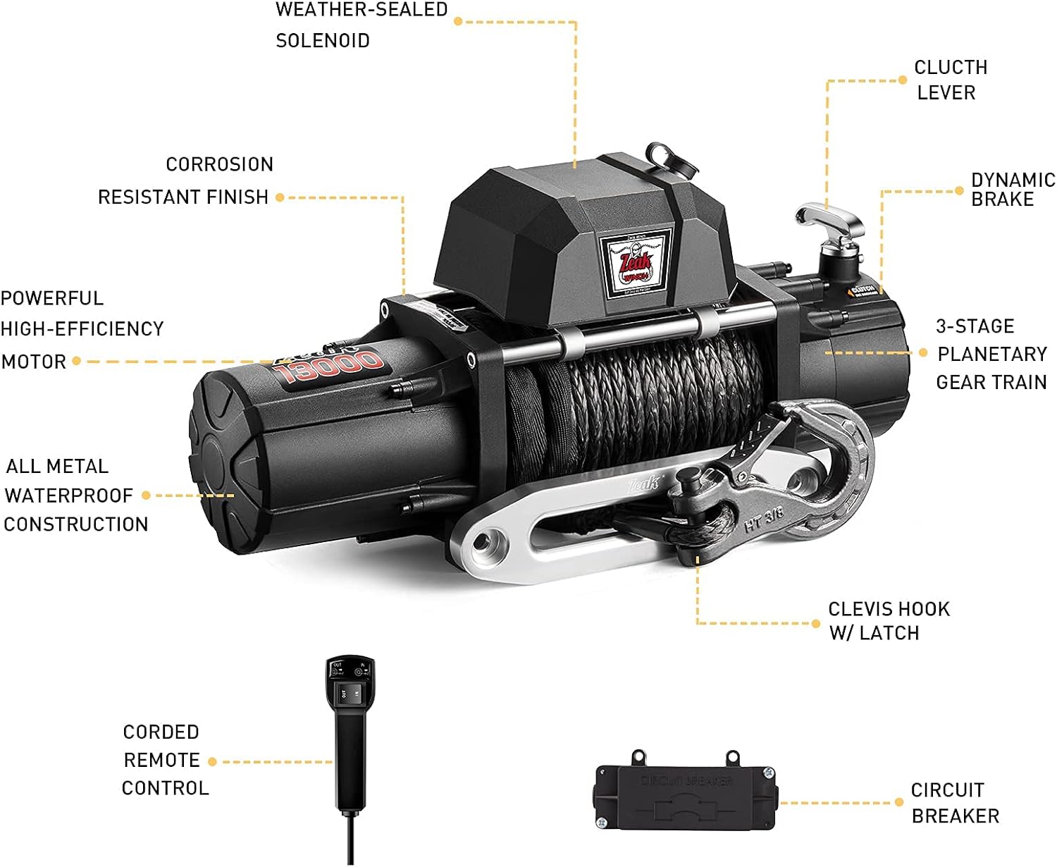 13000 lb. Electric Winch 12V Waterproof Synthetic Rope S996