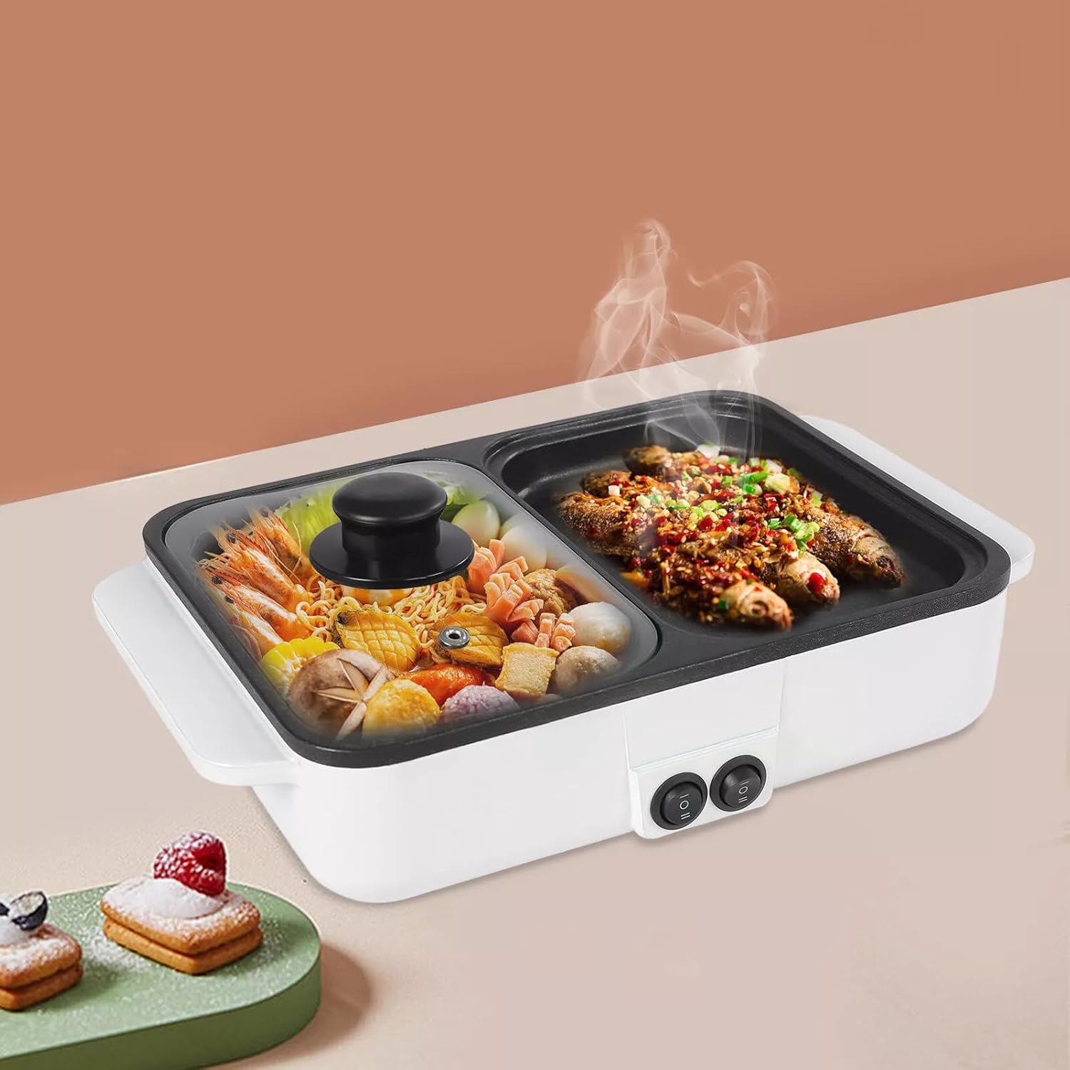 White 2 in 1 Non-Stick Electric Hot Pot with Grill R846