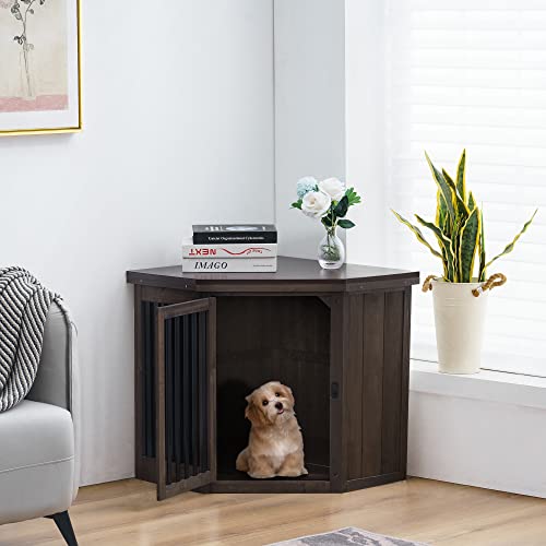 White and Brown Wooden Corner Dog Crate with Door T70064