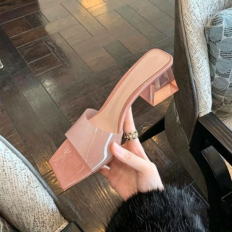 Women's Square Toe Clear Heel Mules Transparent Block Heel Sandals