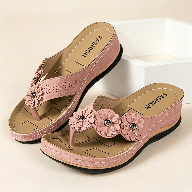 Women's 3D Flower Decor Faux Suede Wedge Flip Flops